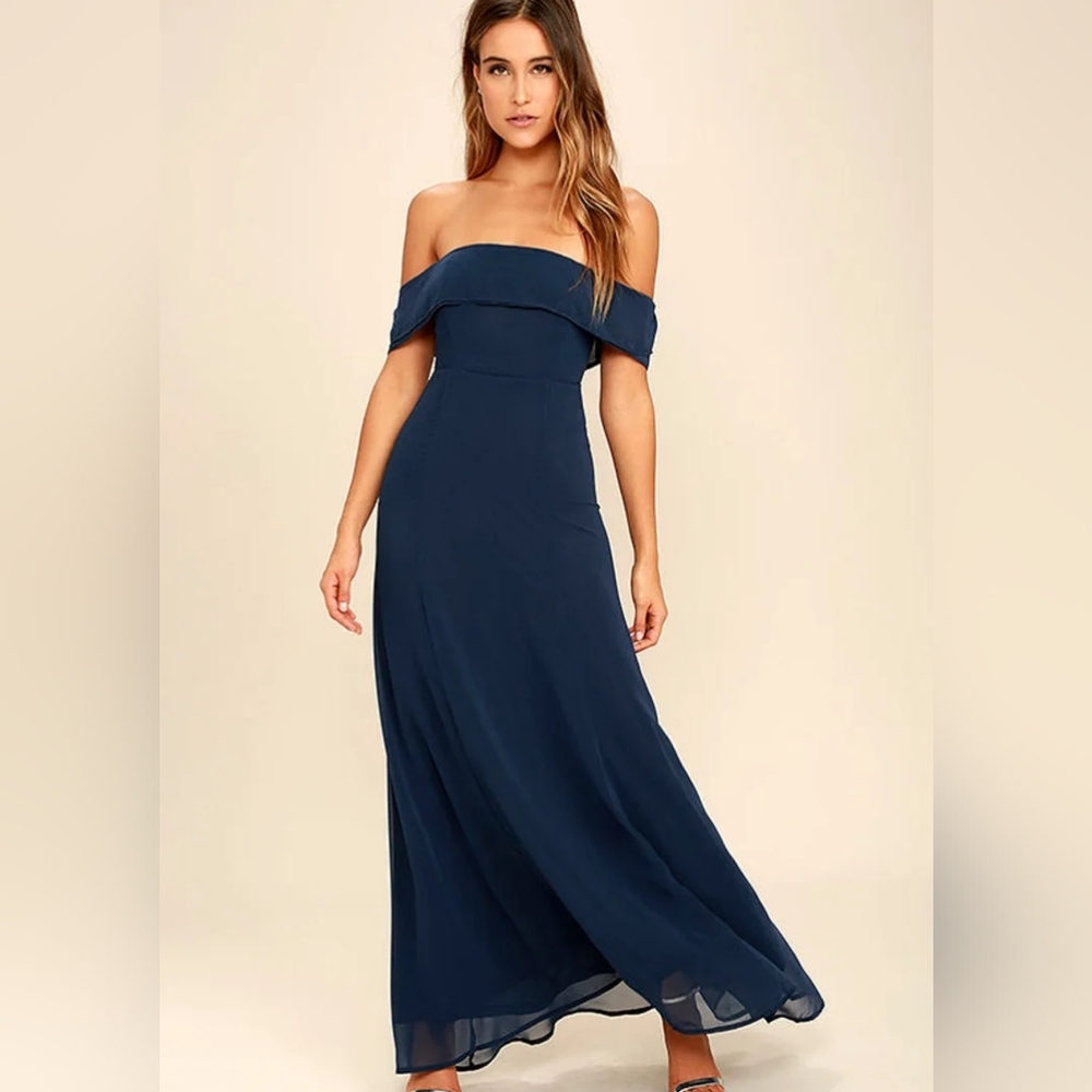 Perfectly Poised Navy Blue Off-the-Shoulder Maxi Dress